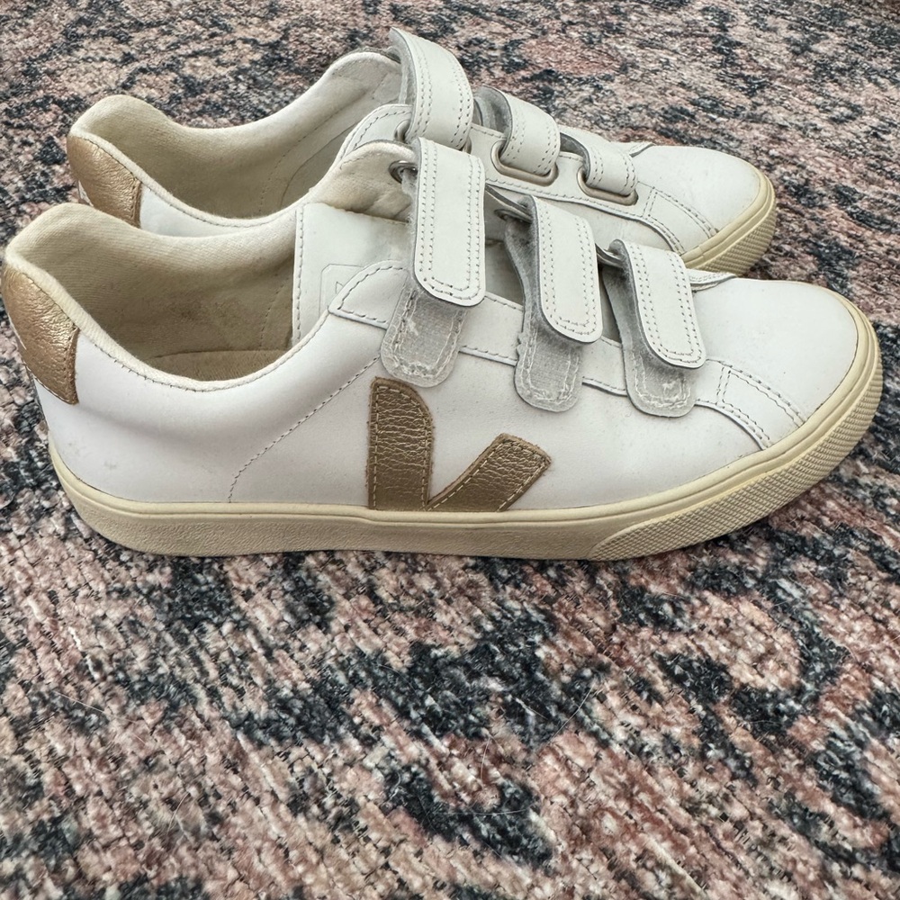 Veja white and Gold Velcro Sneakers